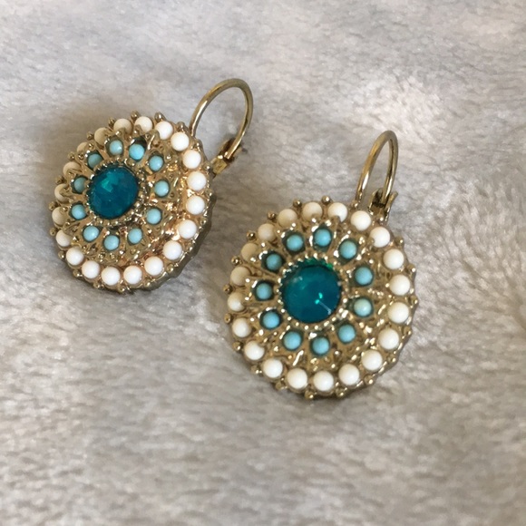 Aqua & Sand Colored Lever Back Bead Encrusted Pierced Fashion Earrings NWOT 1” - Picture 5 of 10